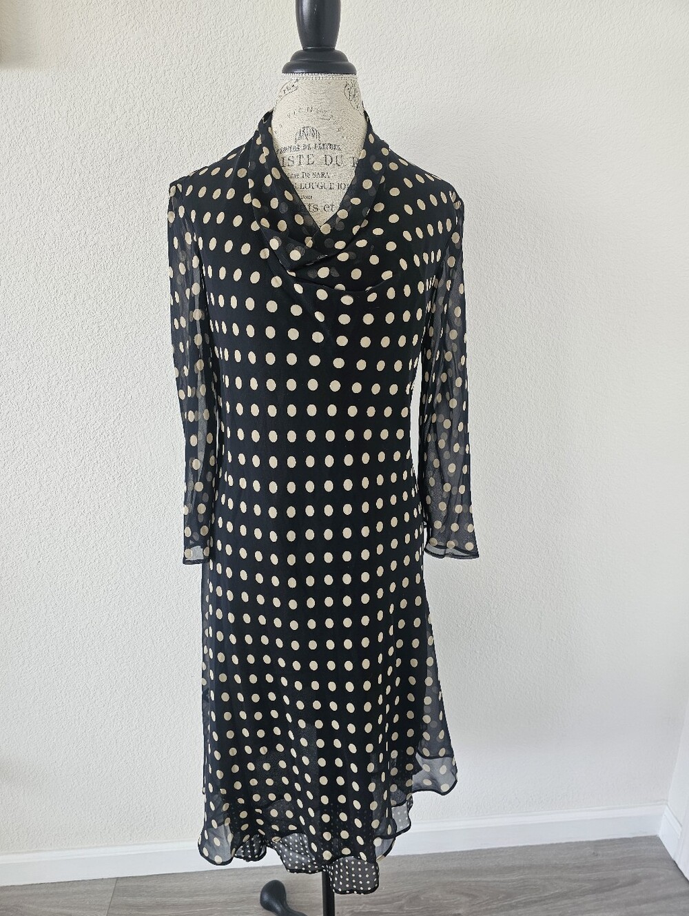 Donna Ricco New York 100% Silk Polka Dot Cowl Neck Midi Dress Ruffle Hem 12